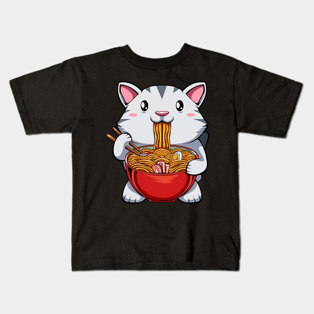 Ramen Kawaii Japanese Cute Cat Tasty Noodles Kids T-Shirt by Funnyawesomedesigns